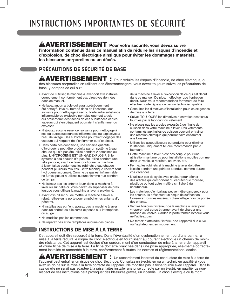 Wavertissement, Instructions de mise à la terre, Précautions de sécurité de base | LG WM3875HWCA User Manual | Page 76 / 108