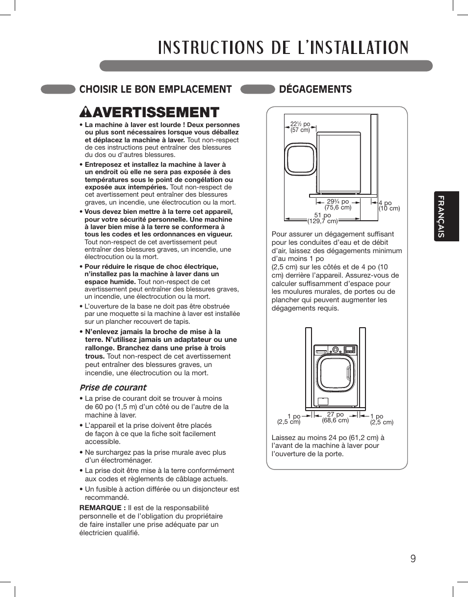 Wavertissement, Choisir le bon emplacement dégagements | LG WM3875HWCA User Manual | Page 81 / 108