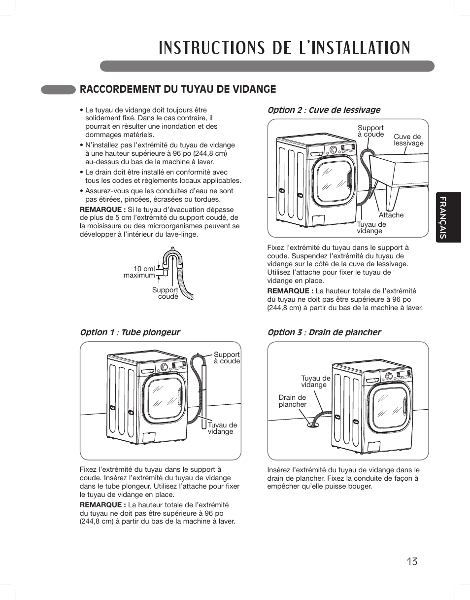 Raccordement du tuyau de vidange | LG WM3875HWCA User Manual | Page 85 / 108