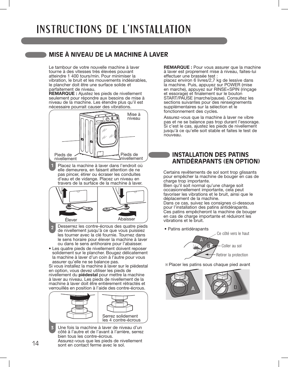 Mise à niveau de la machine à laver, Installation des patins antidérapants (en option) | LG WM3875HWCA User Manual | Page 86 / 108