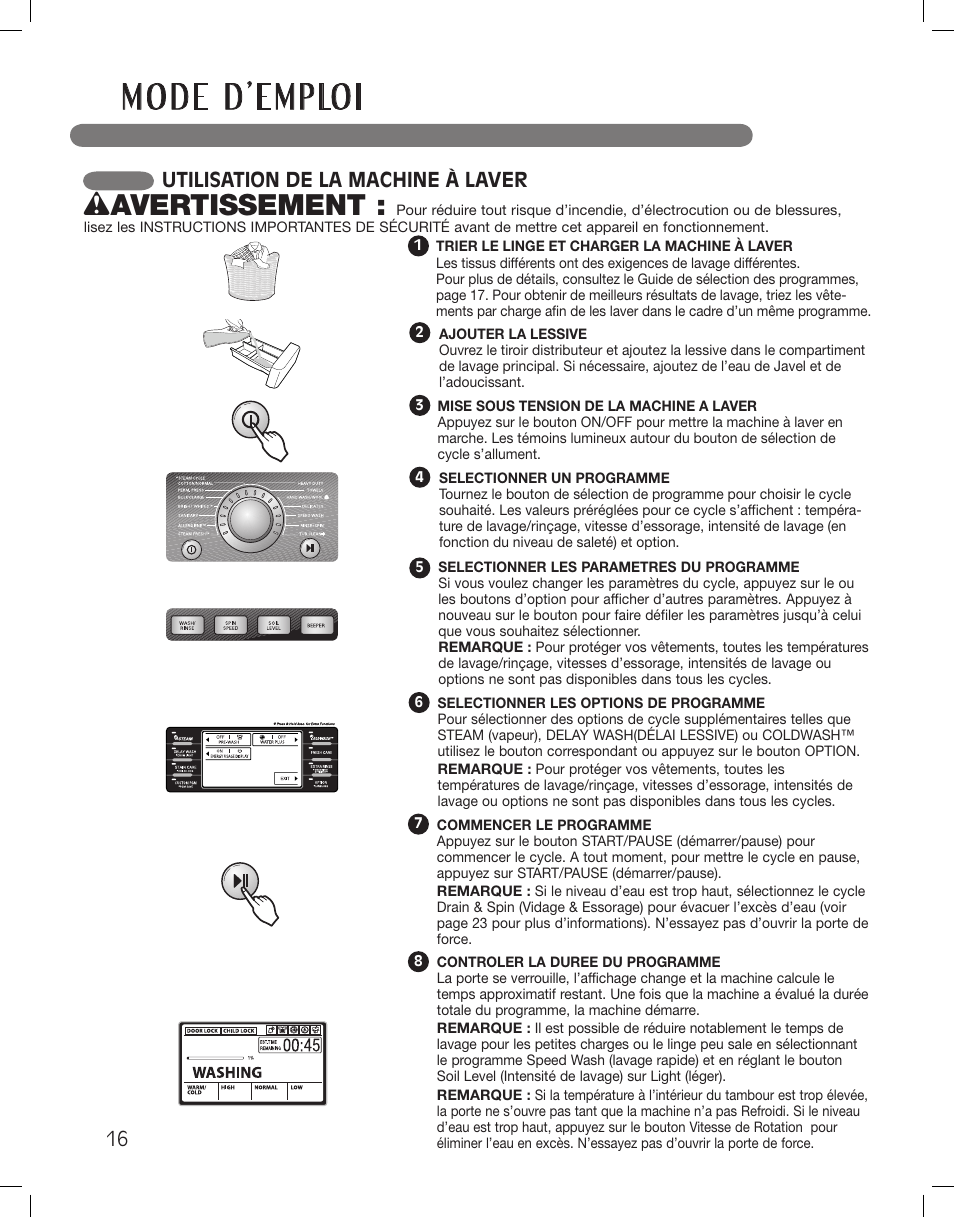 Wavertissement, Utilisation de la machine à laver | LG WM3875HWCA User Manual | Page 88 / 108