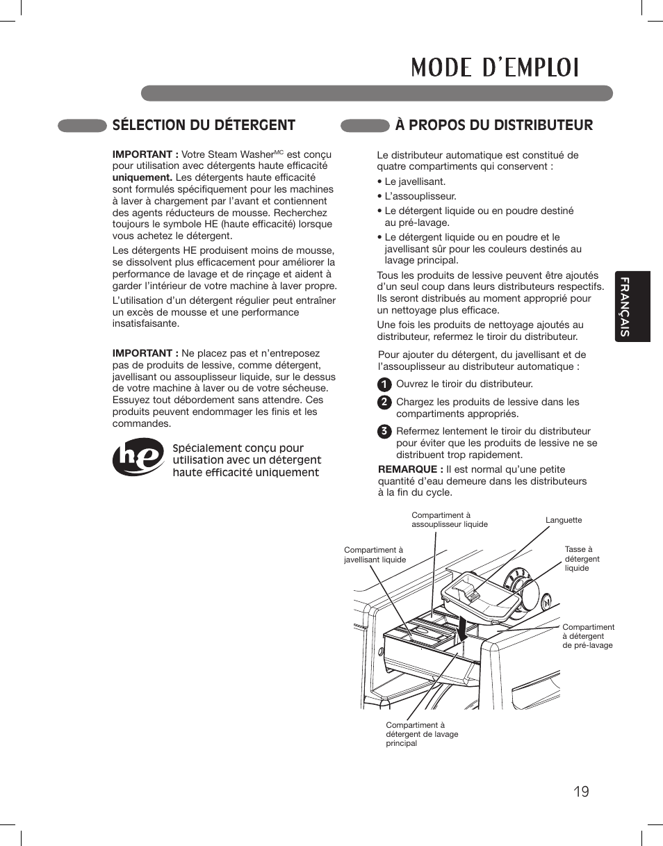 Sélection du détergent à propos du distributeur | LG WM3875HWCA User Manual | Page 91 / 108