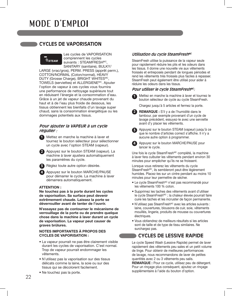 Cycles de vaporisation cycles de lessive rapide | LG WM3875HWCA User Manual | Page 94 / 108