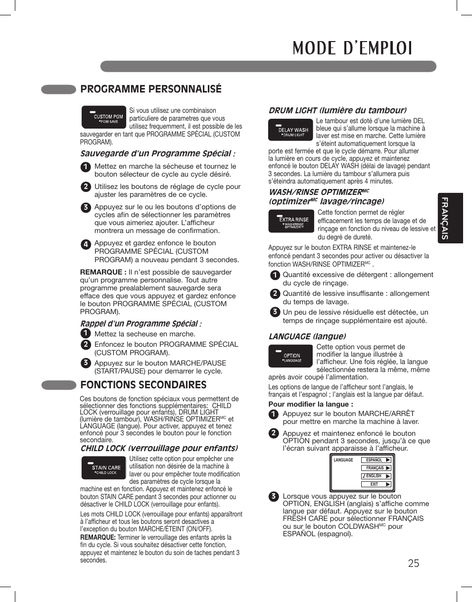 Fonctions secondaires, Programme personnalisé | LG WM3875HWCA User Manual | Page 97 / 108