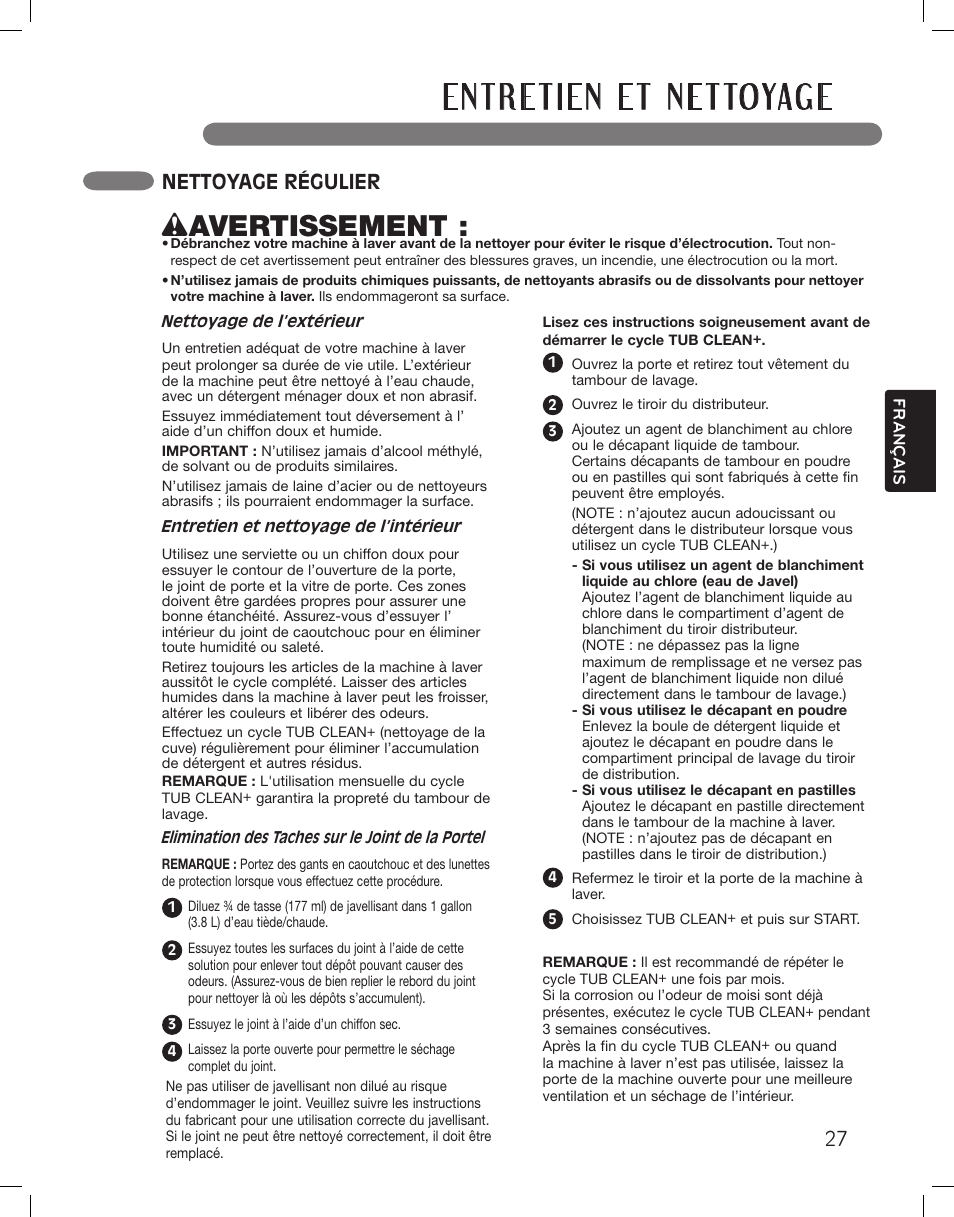 Wavertissement, Nettoyage régulier | LG WM3875HWCA User Manual | Page 99 / 108