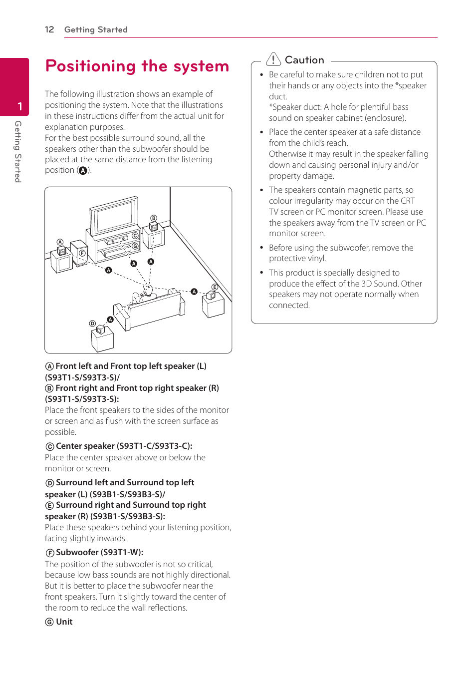 Positioning the system, Caution | LG BH9431PW User Manual | Page 12 / 84