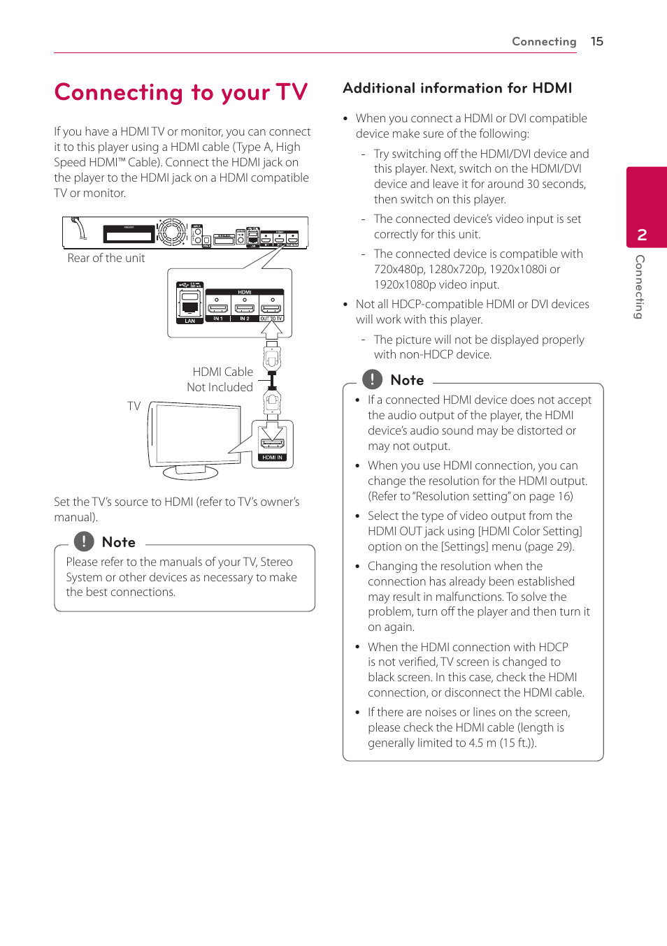 2 connecting, Connecting to your tv | LG BH9431PW User Manual | Page 15 / 84