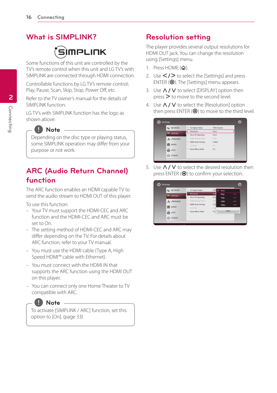 What is simplink, Arc (audio return channel) function, Resolution setting | LG BH9431PW User Manual | Page 16 / 84