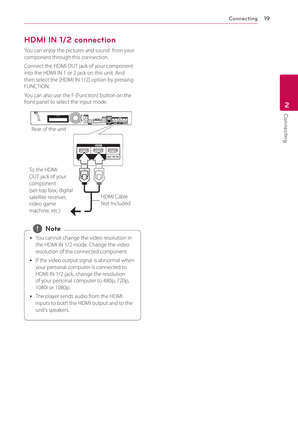 Hdmi in 1/2 connection, 19 – hdmi in 1/2 connection | LG BH9431PW User Manual | Page 19 / 84