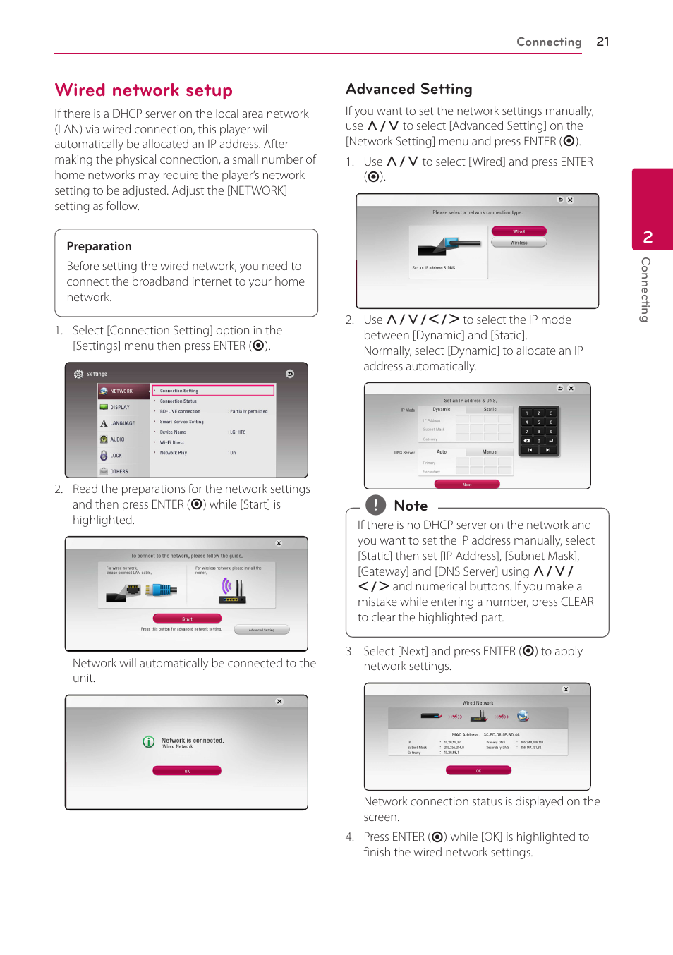 Wired network setup, 21 – wired network setup | LG BH9431PW User Manual | Page 21 / 84