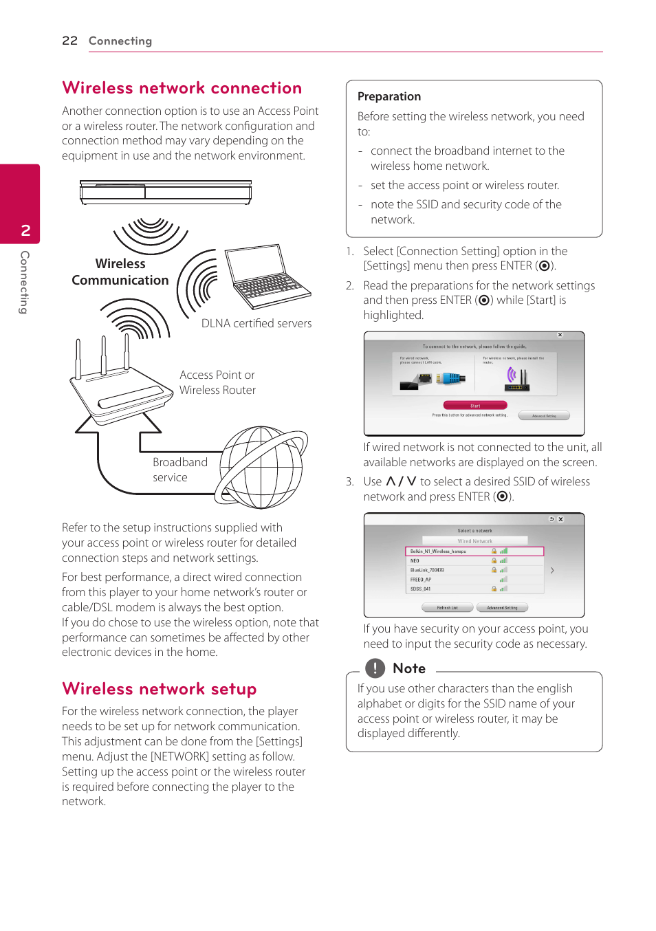 Wireless network connection, Wireless network setup | LG BH9431PW User Manual | Page 22 / 84