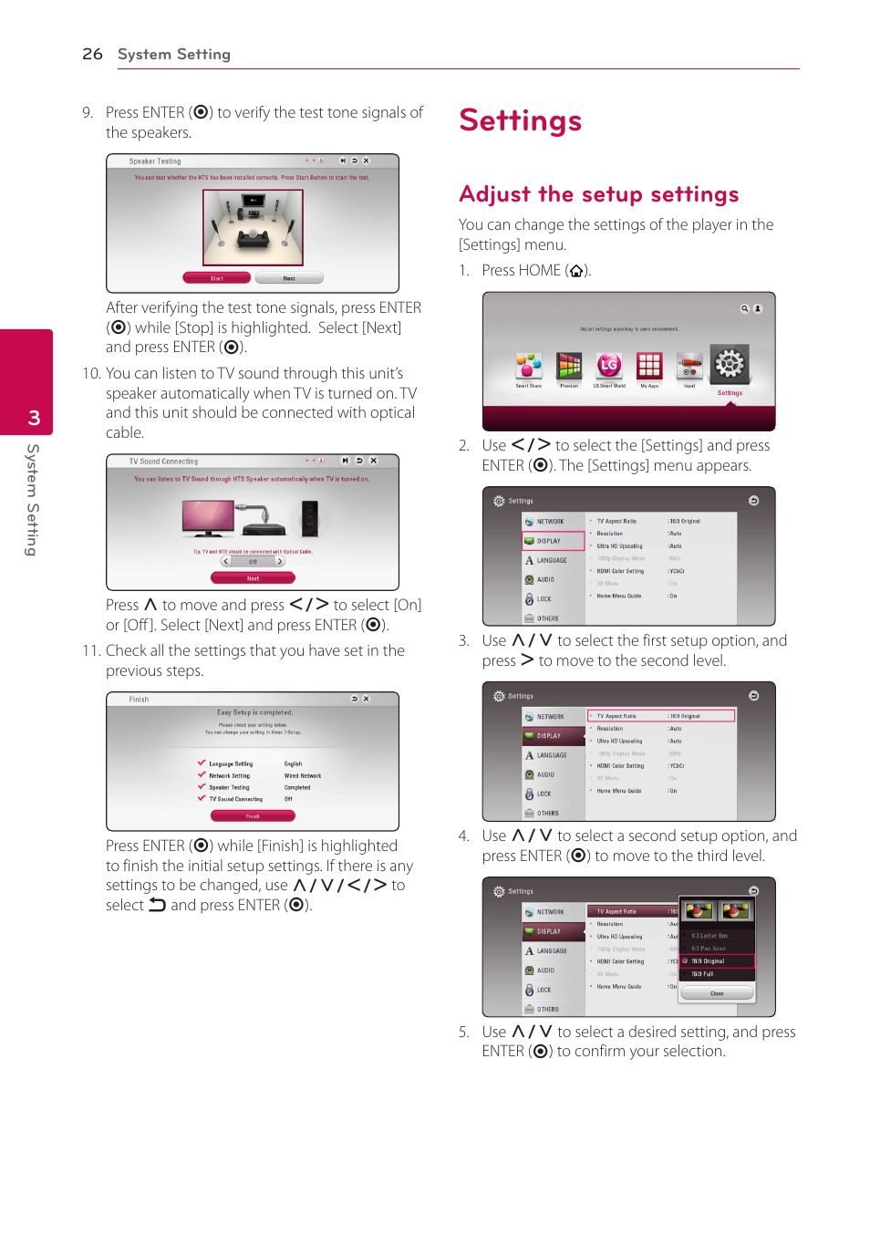 Settings, Adjust the setup settings, 26 settings 26 – adjust the setup settings | LG BH9431PW User Manual | Page 26 / 84