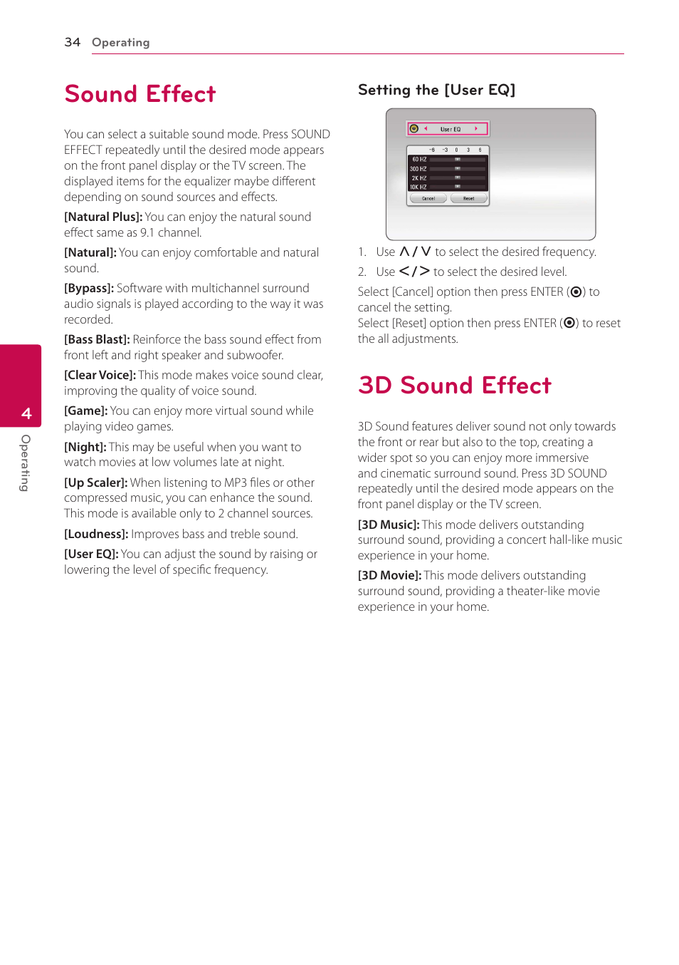 4 operating, Sound effect, 3d sound effect | 34 sound effect 34 3d sound effect | LG BH9431PW User Manual | Page 34 / 84