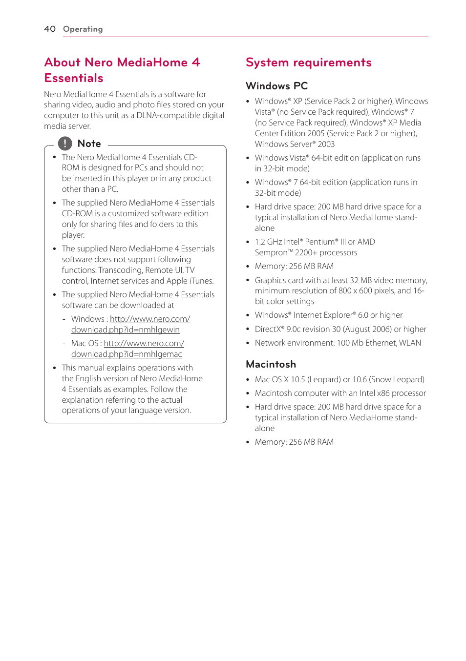 About nero mediahome 4 essentials, System requirements | LG BH9431PW User Manual | Page 40 / 84