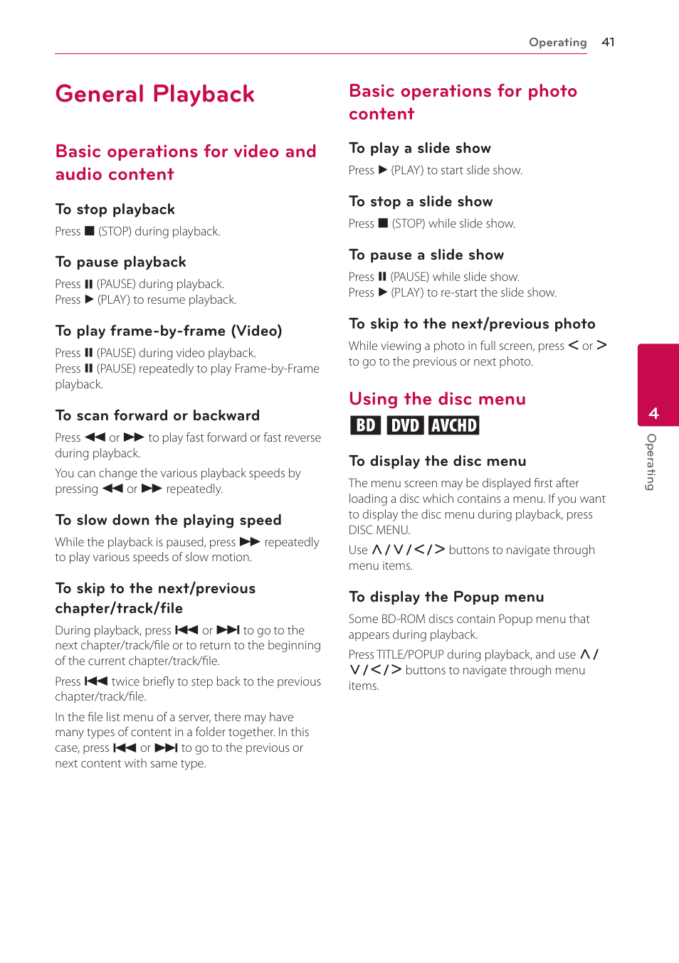 General playback, Basic operations for video and audio content, Basic operations for photo content | Using the disc menu, 41 – basic operations for video and audio, Content, Using the disc menu ero | LG BH9431PW User Manual | Page 41 / 84