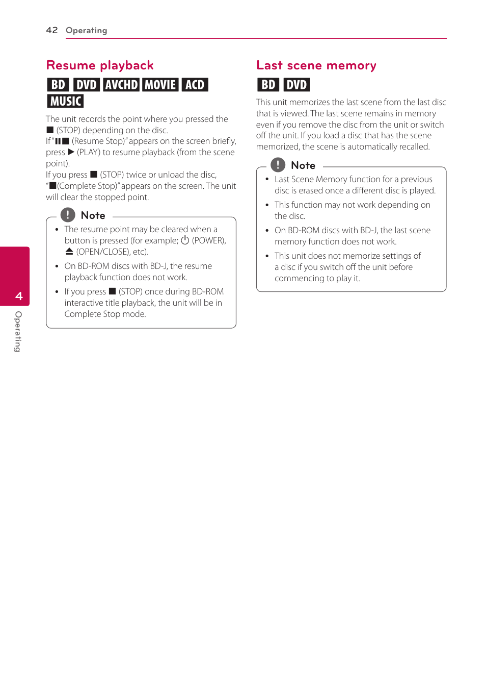 Resume playback, Last scene memory, 42 – resume playback 42 – last scene memory | Resume playback eroyt u | LG BH9431PW User Manual | Page 42 / 84