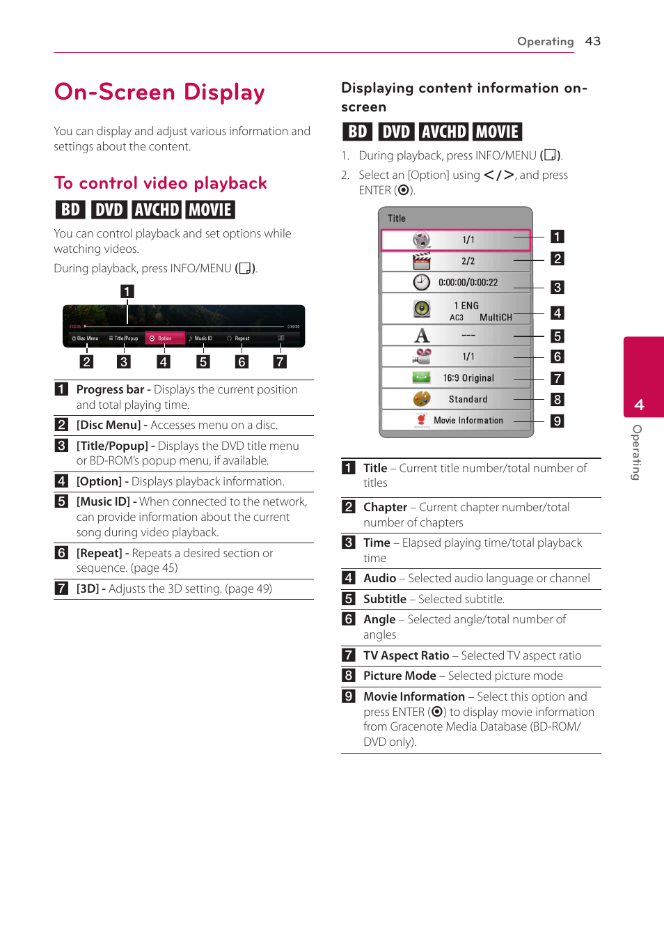 On-screen display, To control video playback, Eroy | LG BH9431PW User Manual | Page 43 / 84