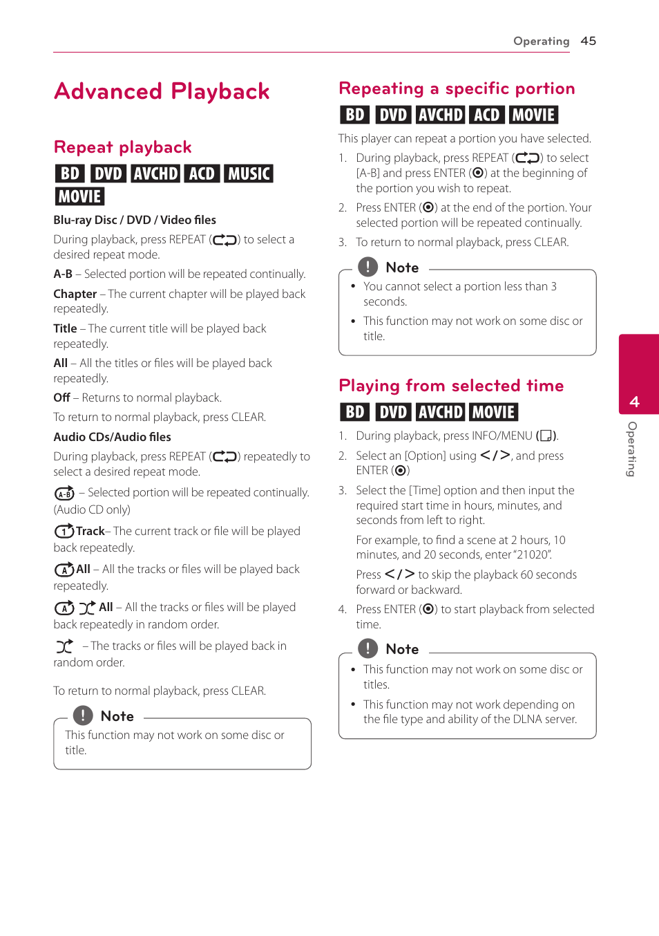 Advanced playback, Repeat playback, Repeating a specific portion | Playing from selected time, Repeat playback erotu y, Repeating a specific portion eroty, Playing from selected time eroy | LG BH9431PW User Manual | Page 45 / 84