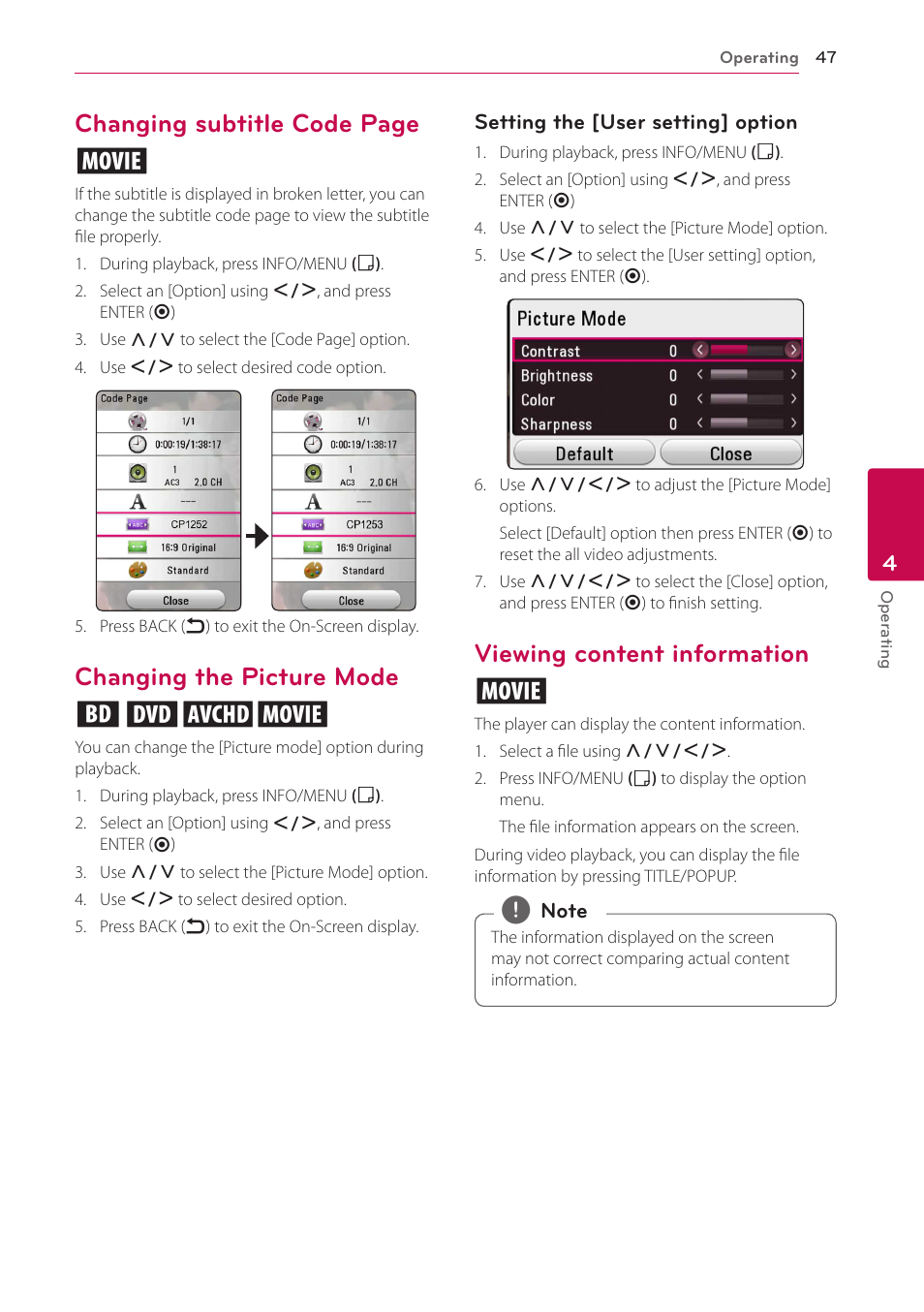 Changing the picture mode, Viewing content information, Changing subtitle code page y | Changing the picture mode eroy, Viewing content information y | LG BH9431PW User Manual | Page 47 / 84