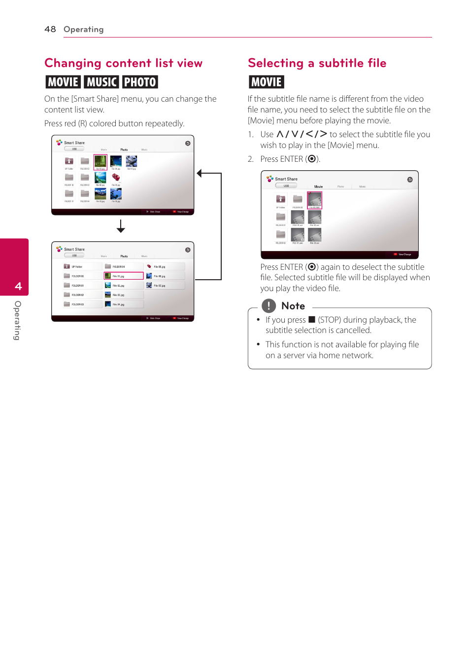 Changing content list view, Selecting a subtitle file, Changing content list view yui | Selecting a subtitle file y | LG BH9431PW User Manual | Page 48 / 84