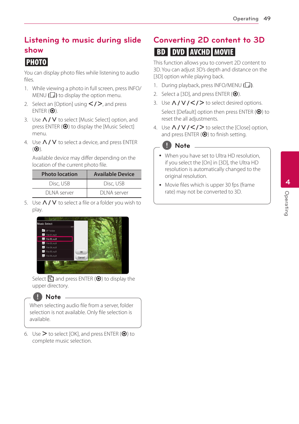 Listening to music during slide show, Converting 2d content to 3d, Listening to music during slide show i | Converting 2d content to 3d eroy | LG BH9431PW User Manual | Page 49 / 84