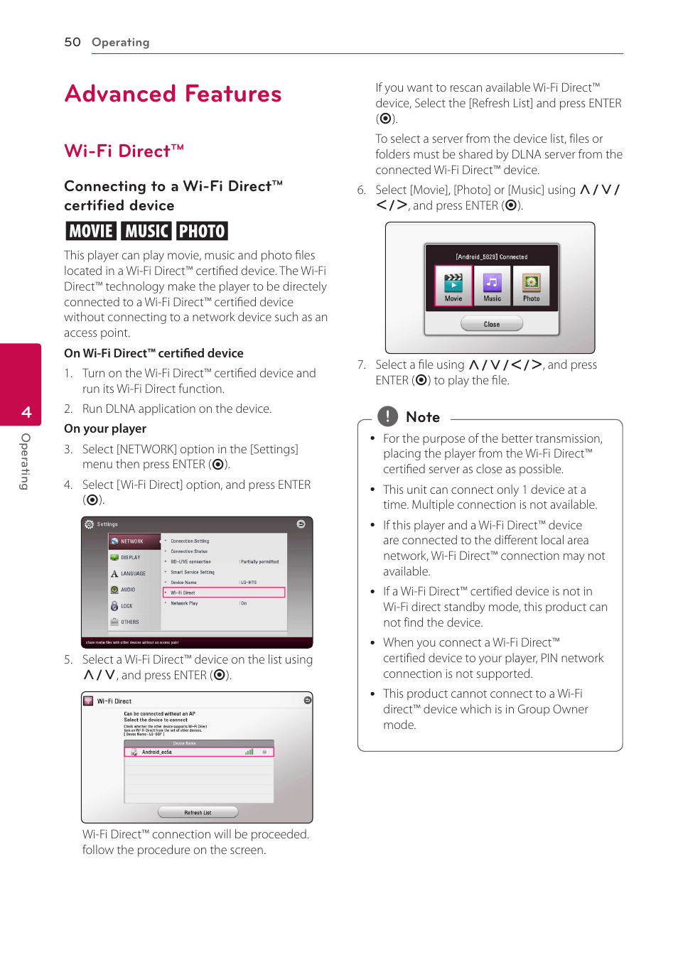 Advanced features, Wi-fi direct, 50 advanced features 50 – wi-fi direct | LG BH9431PW User Manual | Page 50 / 84