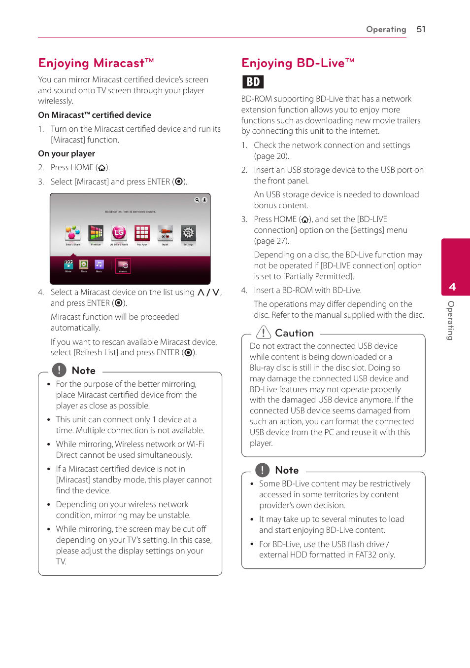 Enjoying miracast, Enjoying bd-live, 51 – enjoying miracast™ 51 – enjoying bd-live | Enjoying bd-live™ e | LG BH9431PW User Manual | Page 51 / 84