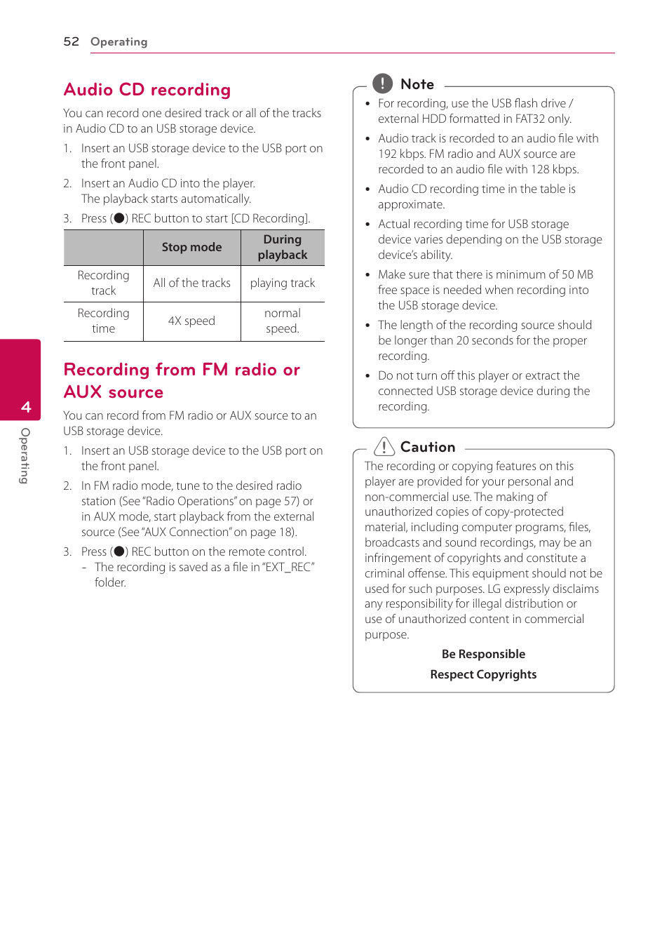 Audio cd recording, Recording from fm radio or aux source, Source | LG BH9431PW User Manual | Page 52 / 84