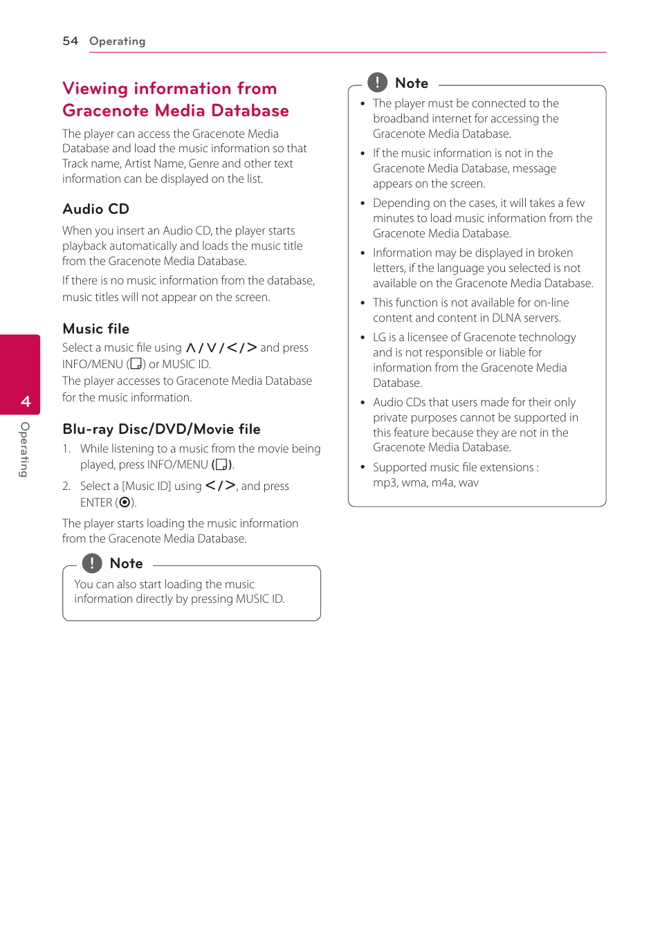 Viewing information from gracenote media database, 54 – viewing information from gracenote, Media database | LG BH9431PW User Manual | Page 54 / 84