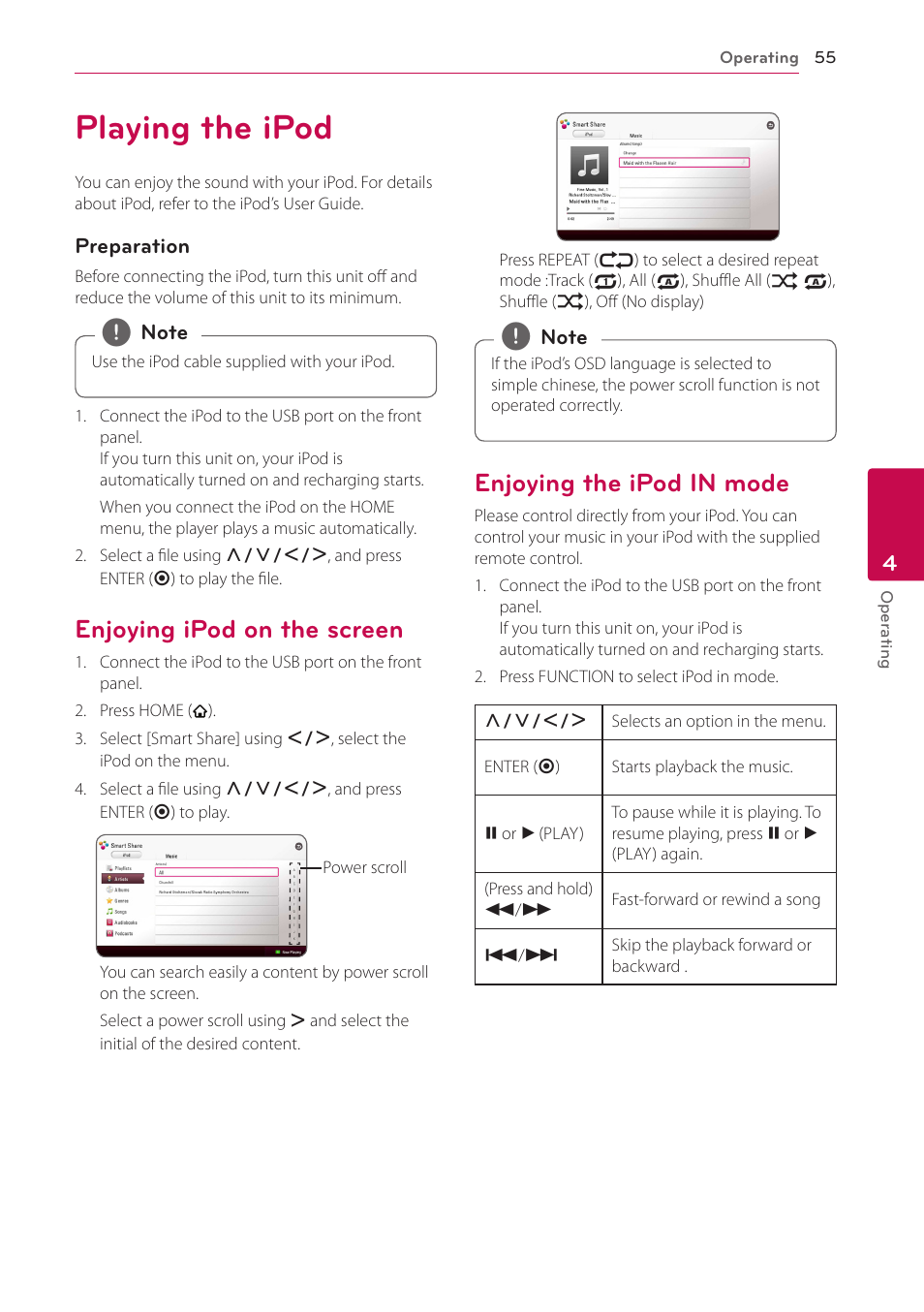 Playing the ipod, Enjoying ipod on the screen, Enjoying the ipod in mode | LG BH9431PW User Manual | Page 55 / 84