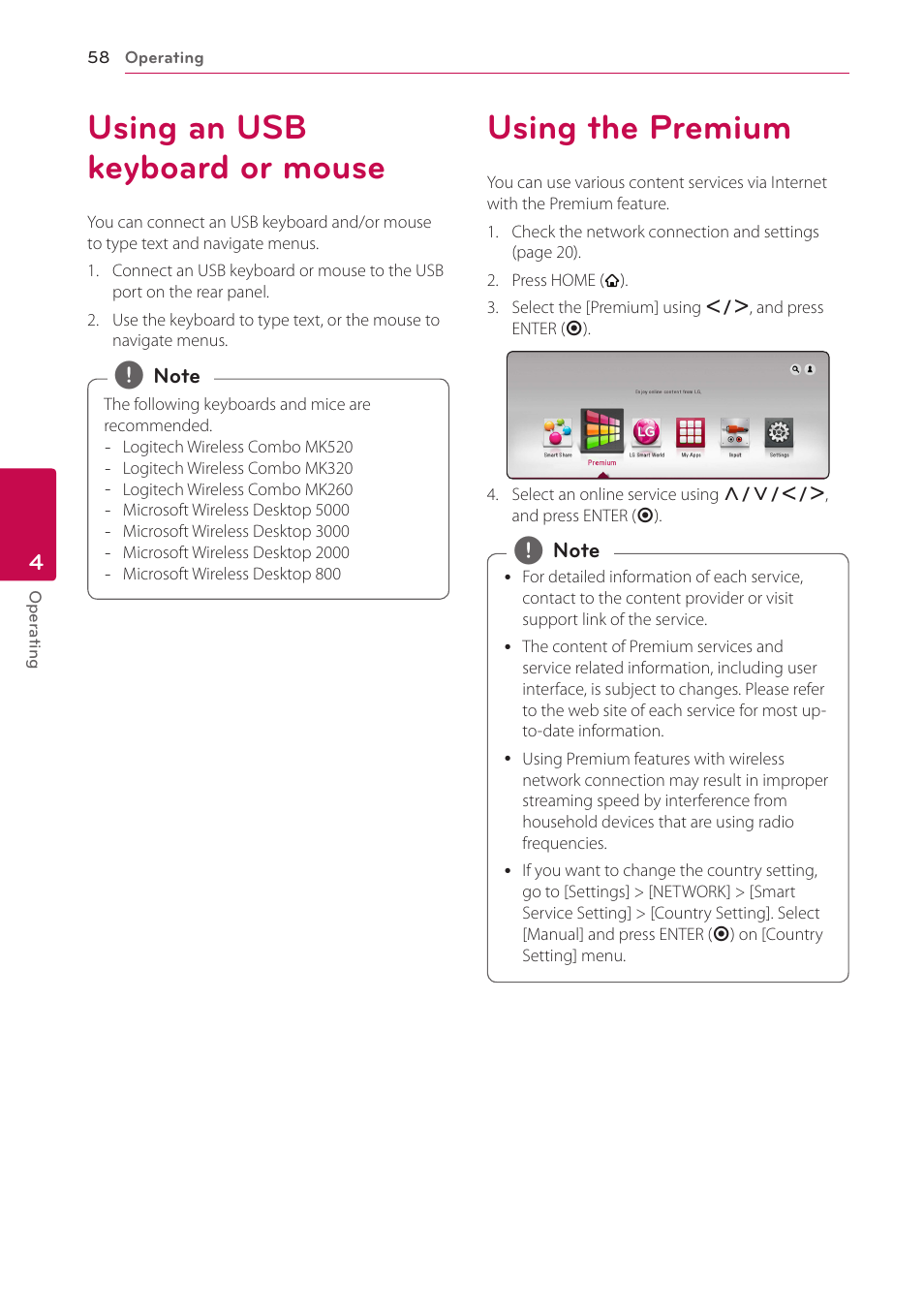 Using an usb keyboard or mouse, Using the premium | LG BH9431PW User Manual | Page 58 / 84