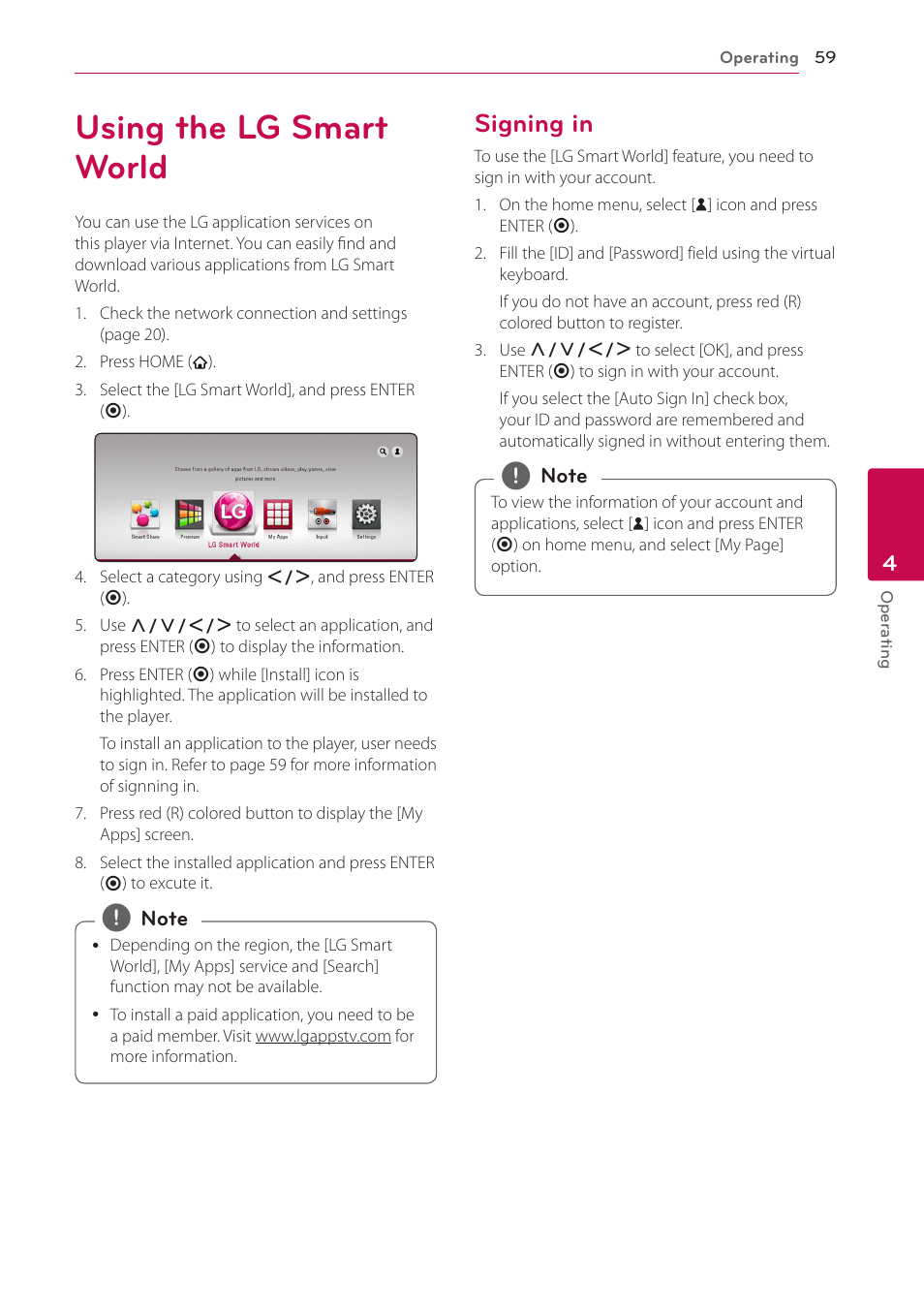 Using the lg smart world, Signing in, 59 using the lg smart world 59 – signing in | LG BH9431PW User Manual | Page 59 / 84