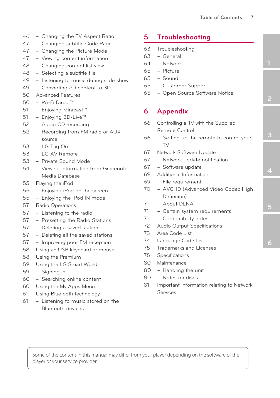 5 troubleshooting, 6 appendix | LG BH9431PW User Manual | Page 7 / 84