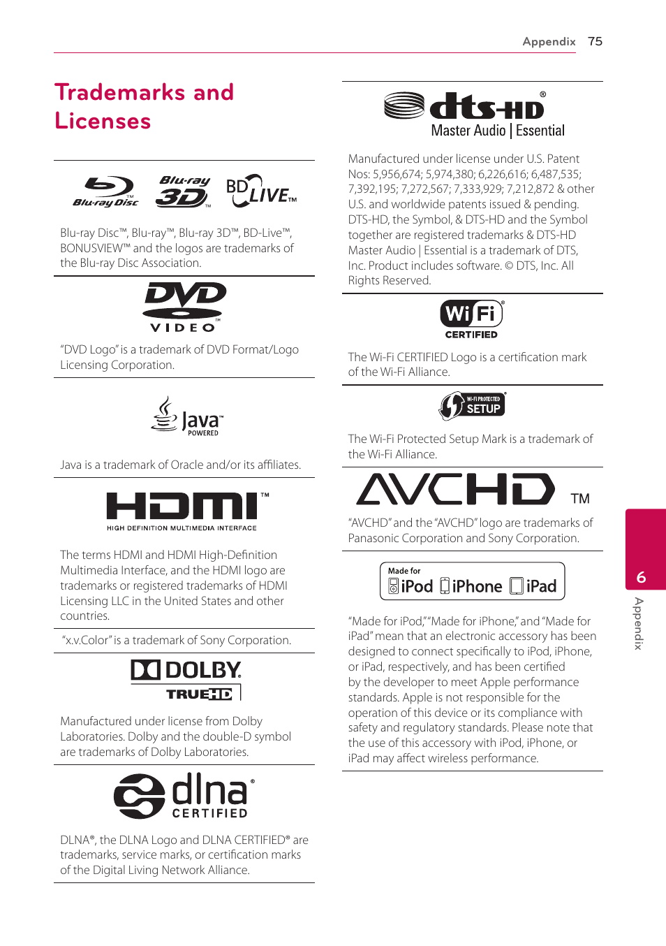 Trademarks and licenses, 75 trademarks and licenses | LG BH9431PW User Manual | Page 75 / 84