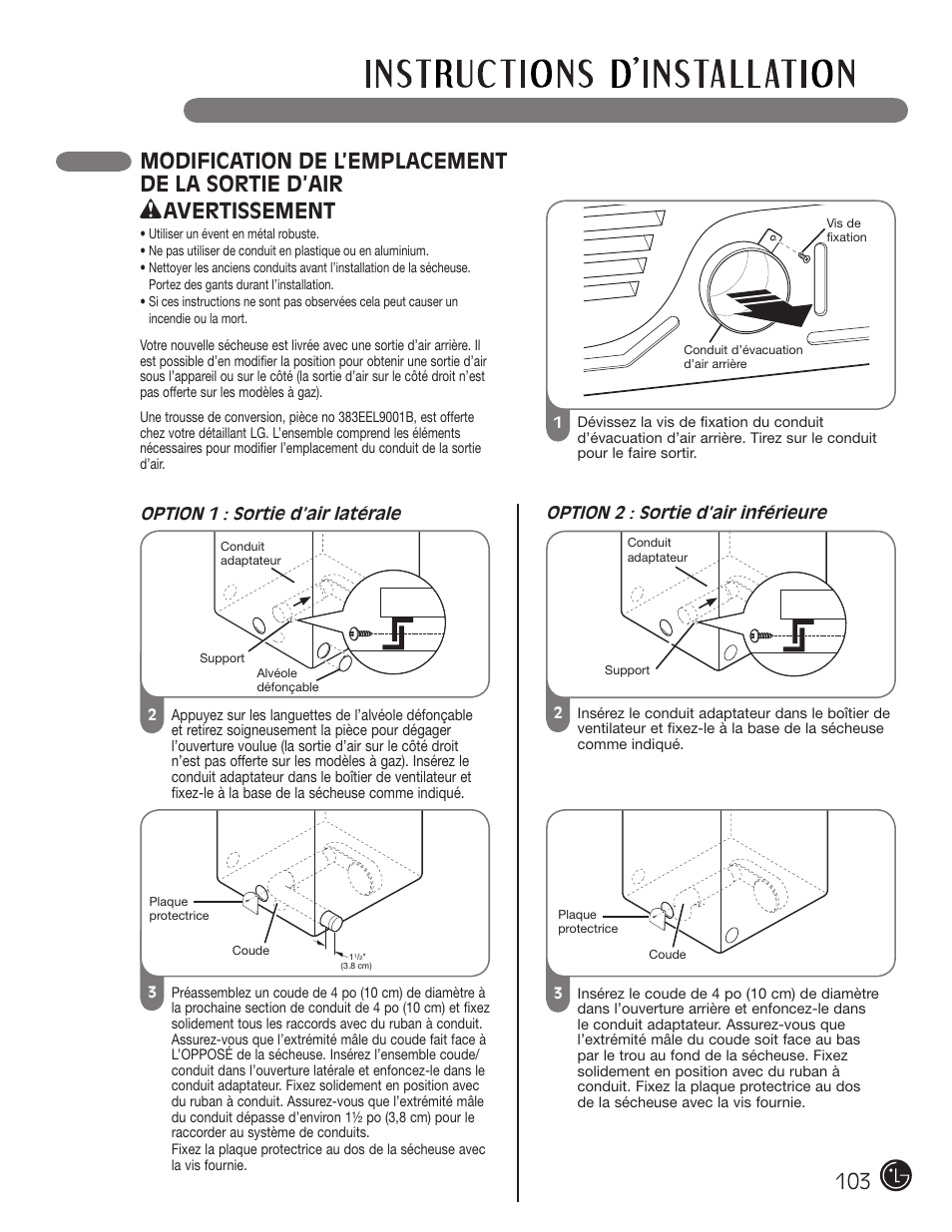 Modification de l’emplacement de la sortie d’air, Avertissement | LG DLEX2901V User Manual | Page 103 / 136