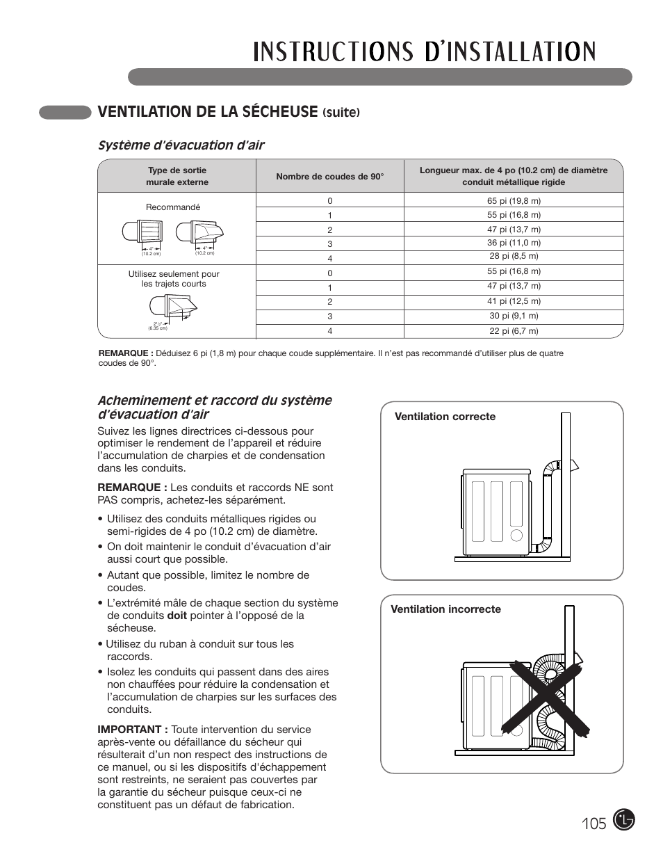 Ventilation de la sécheuse, Suite), Système d’évacuation d’air | LG DLEX2901V User Manual | Page 105 / 136