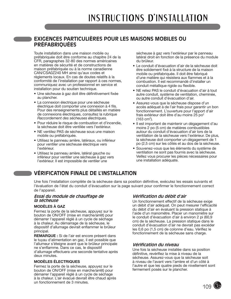Vérification finale de l’installation | LG DLEX2901V User Manual | Page 109 / 136