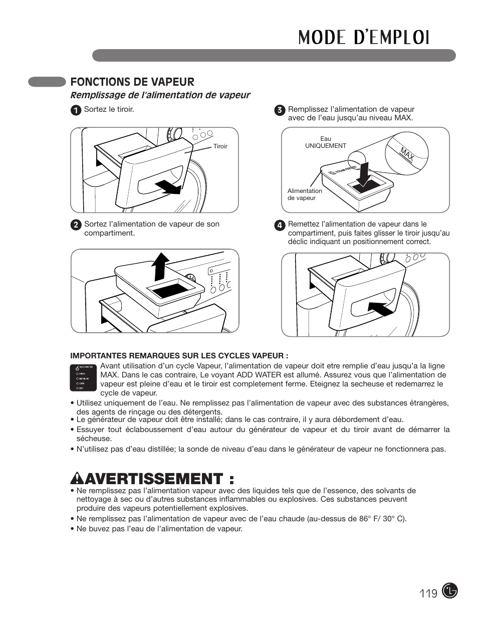 Wavertissement, Fonctions de vapeur | LG DLEX2901V User Manual | Page 119 / 136