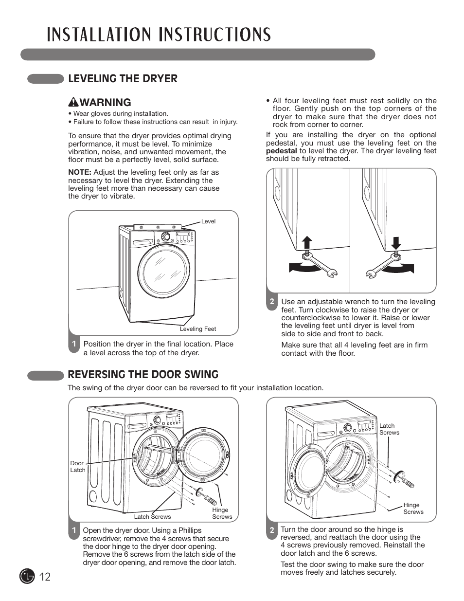 Leveling the dryer, Reversing the door swing, Warning | LG DLEX2901V User Manual | Page 12 / 136