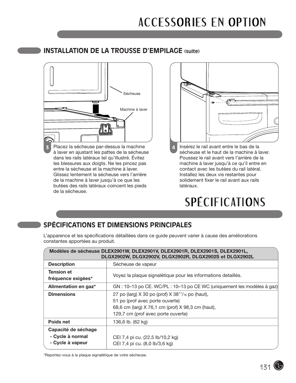 Spécifications et dimensions principales, Installation de la trousse d’empilage | LG DLEX2901V User Manual | Page 131 / 136