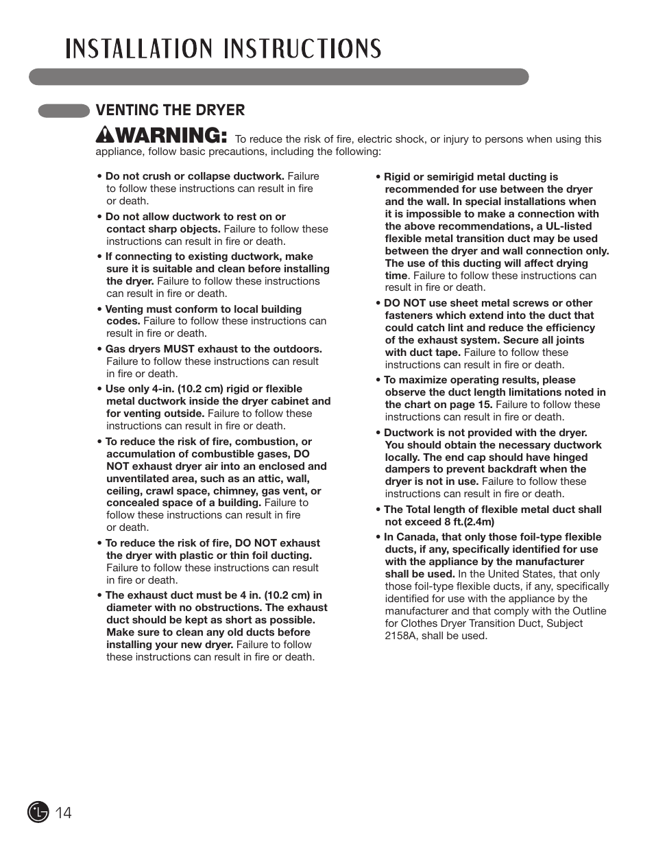 Wwarning, Venting the dryer | LG DLEX2901V User Manual | Page 14 / 136