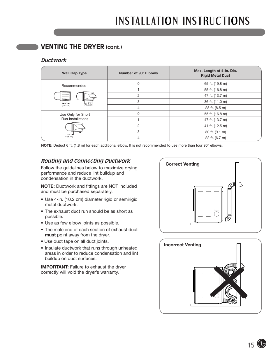 Venting the dryer, Routing and connecting ductwork, Cont.) | Ductwork | LG DLEX2901V User Manual | Page 15 / 136