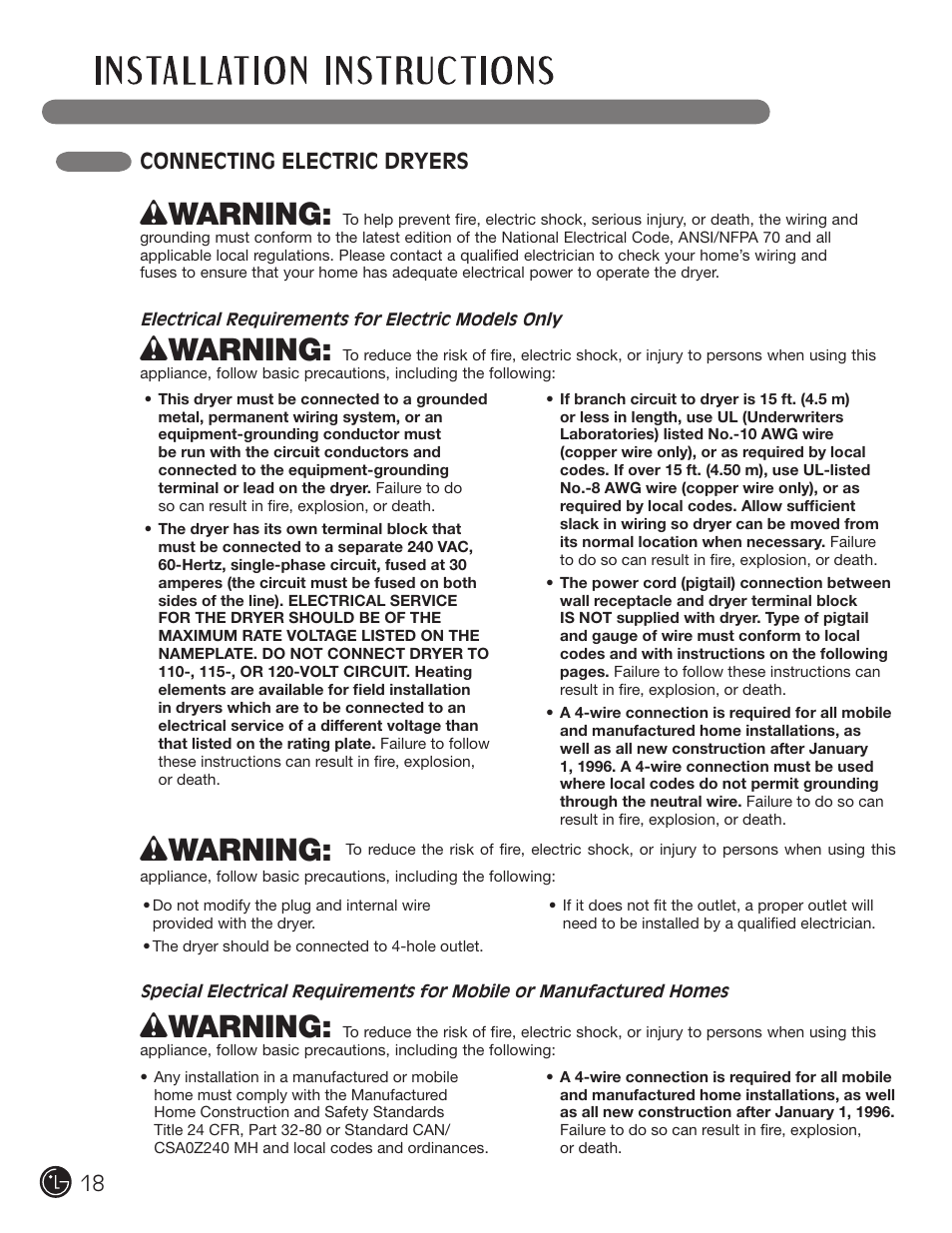 Wwarning, Connecting electric dryers | LG DLEX2901V User Manual | Page 18 / 136