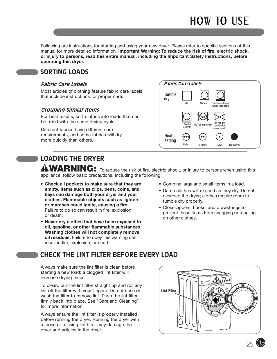 Wwarning, Sorting loads, Check the lint filter before every load | Loading the dryer | LG DLEX2901V User Manual | Page 25 / 136