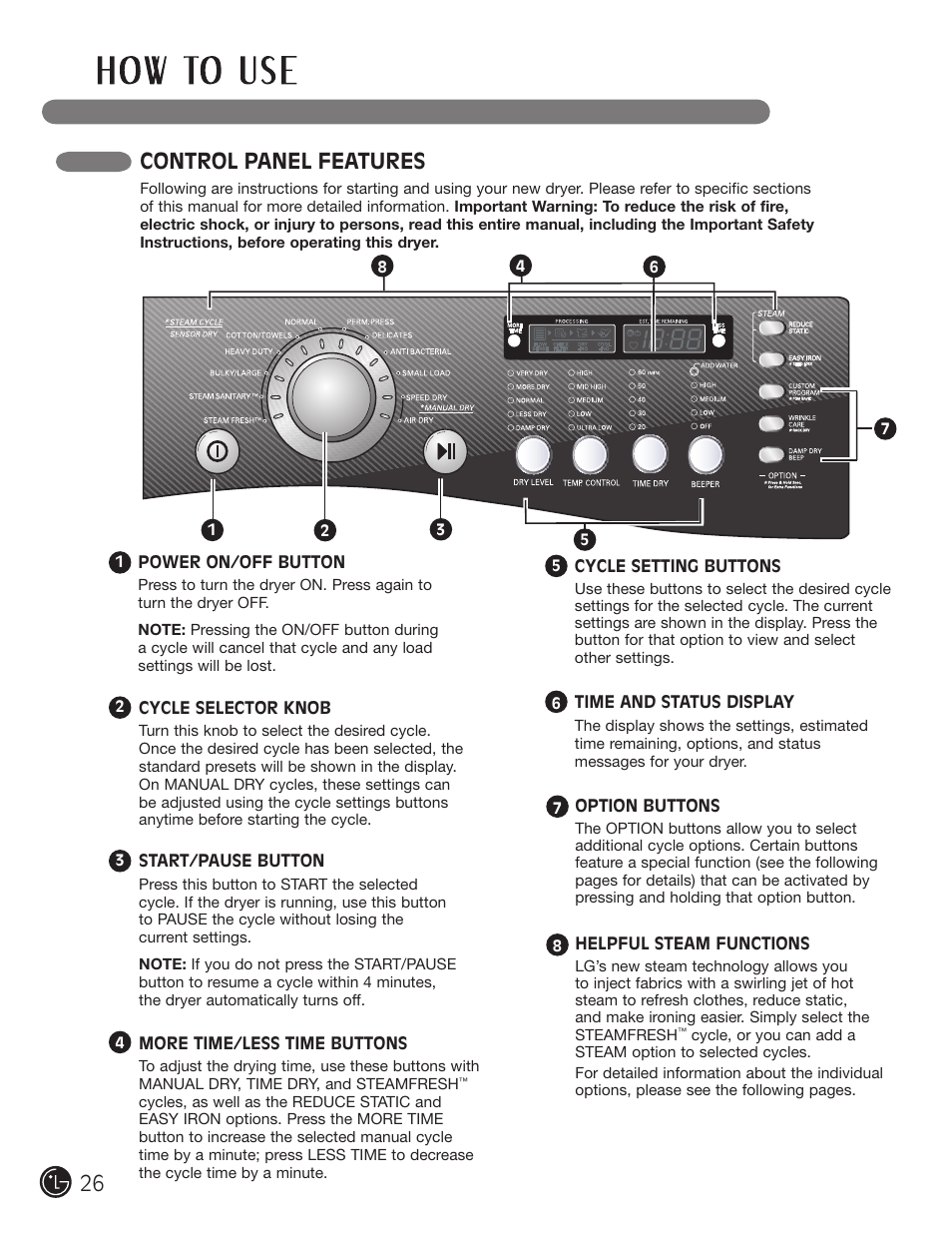 Control panel features | LG DLEX2901V User Manual | Page 26 / 136