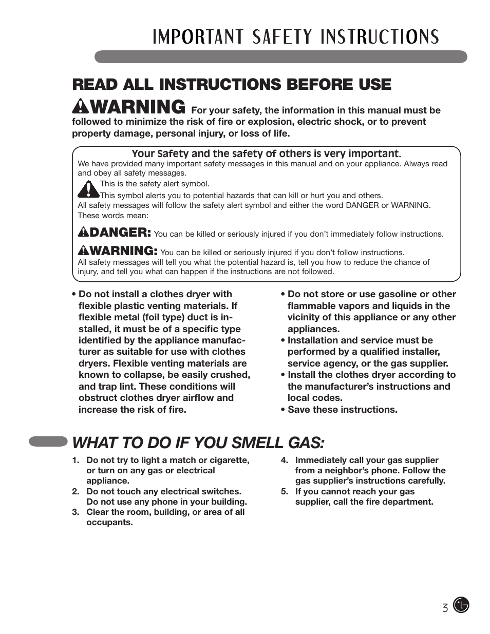 Read all instructions before use, What to do if you smell gas, Wdanger | Wwarning | LG DLEX2901V User Manual | Page 3 / 136