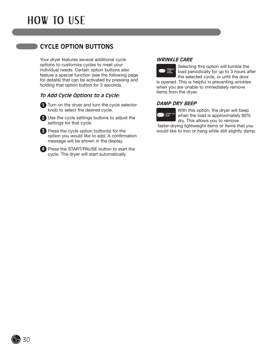 Cycle option buttons | LG DLEX2901V User Manual | Page 30 / 136