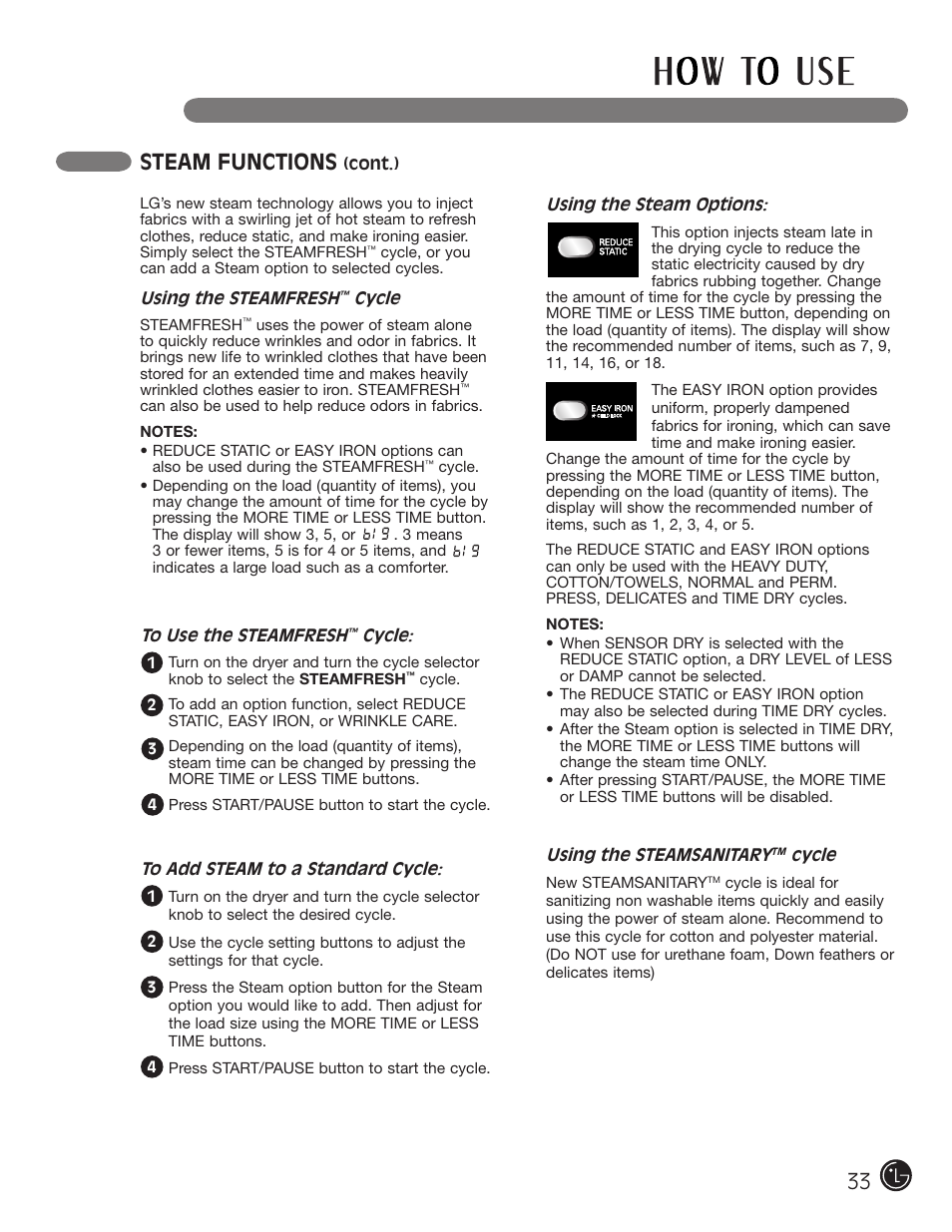 Steam functions | LG DLEX2901V User Manual | Page 33 / 136