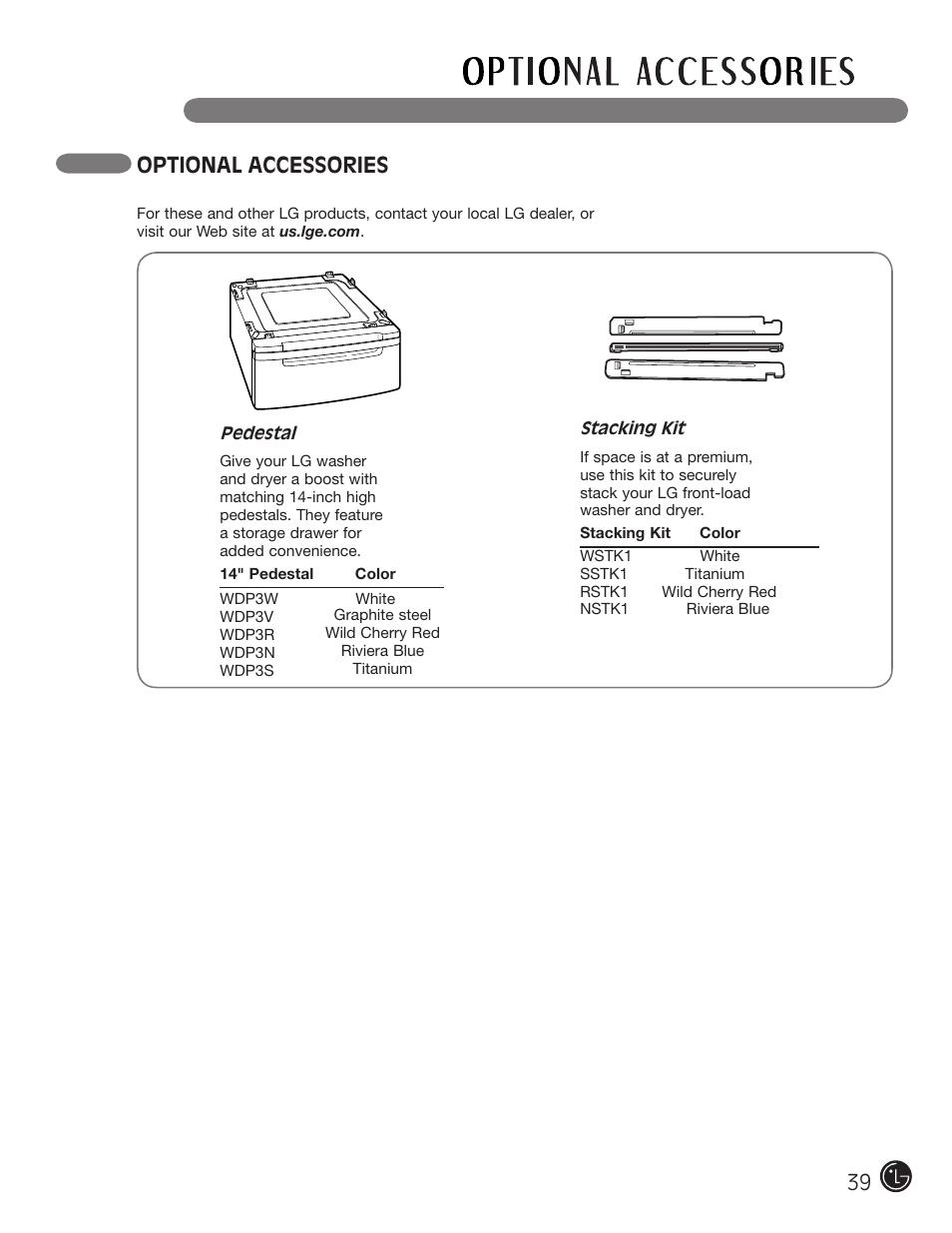 Optional accessories | LG DLEX2901V User Manual | Page 39 / 136