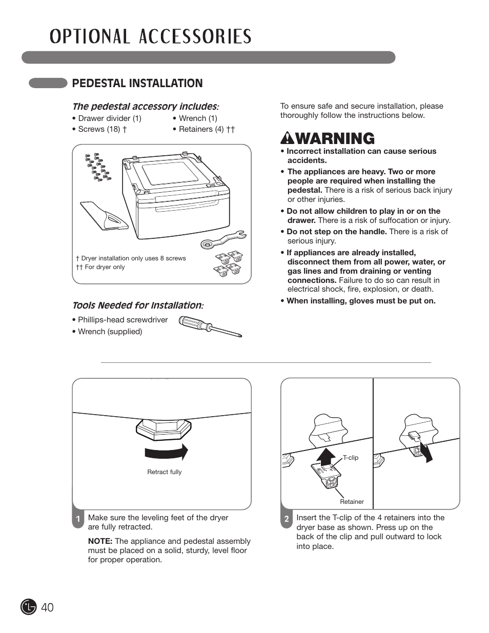 Wwarning, Pedestal installation | LG DLEX2901V User Manual | Page 40 / 136